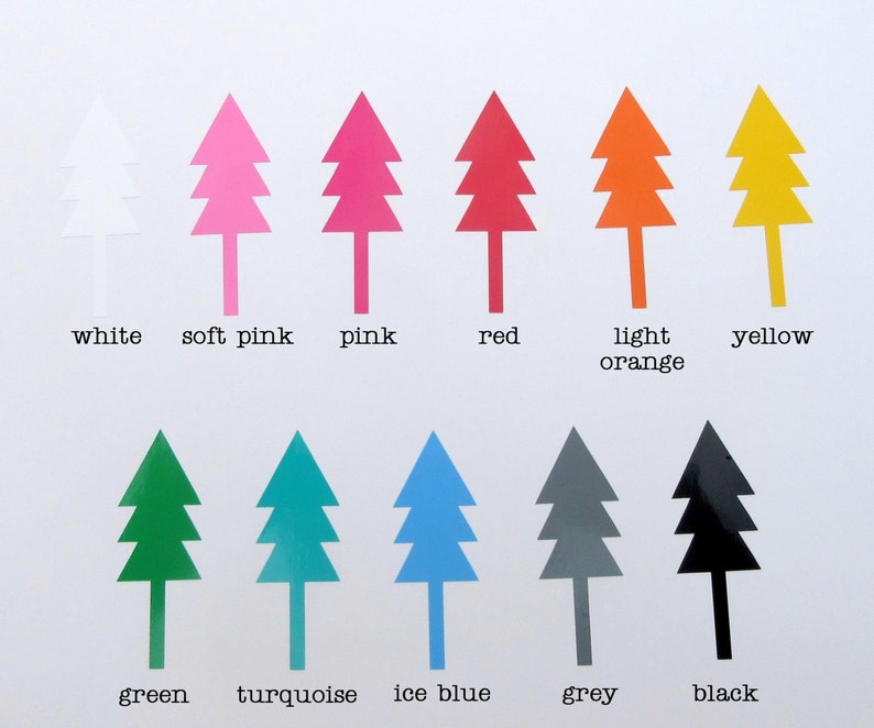 Puede incluir: Un gr&aacute;fico que muestra 10 colores diferentes de &aacute;rboles de Navidad. Los colores son blanco, rosa suave, rosa, rojo, naranja claro, amarillo, verde, turquesa, azul hielo, gris y negro.