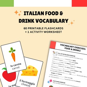 ITALIAN Food & Drink Printable Vocabulary Activities for BEGINNERS! Flashcards and Practice Exercises! - PDF Download