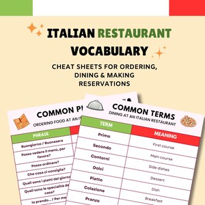Pode incluir: Duas folhas de dicas imprimíveis para pedir comida em um restaurante italiano. A primeira folha lista frases italianas comuns para pedir comida. A segunda folha lista termos italianos comuns para jantar em um restaurante italiano com suas traduções para o inglês.