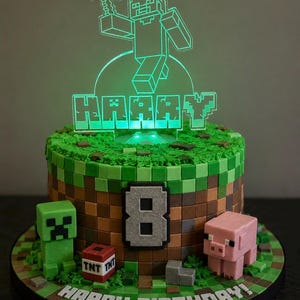 Gaming mine man style personalised acrylic cake topper with RGB colour changing lights with static, flash or fading modes