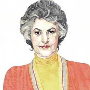 May include: A watercolor painting of a woman with gray hair wearing a red cardigan over a yellow turtleneck sweater.