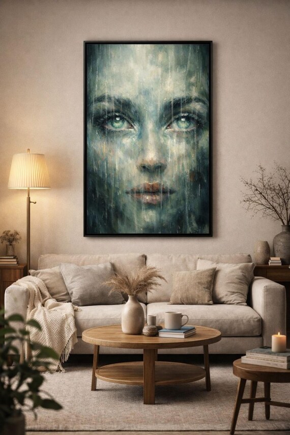 Rain Woman Portrait | Emotional Wall Art | Moody Contemporary Drama | Living Room Statement Gift