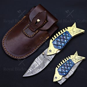 Damascus Steel Folding Knife: Handmade Fish Handle, Leather Sheath