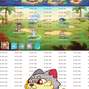 May include: A mobile game interface with cartoon islands, castles, and water. A cartoon dog character with a yellow chest, grey body, and red accents is also present. The game's text is visible.