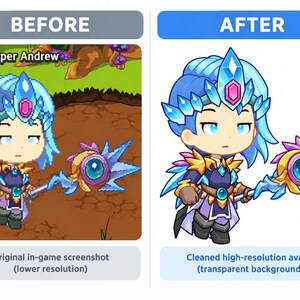 May include: A side-by-side comparison showing a pixelated game character labeled Super Andrew on the left and a high-resolution digital illustration of the same character on the right. The character has blue hair, a crystal crown, and a magical staff.
