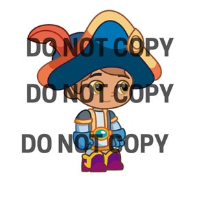 May include: A cartoon illustration of a young person dressed as a pirate. The character wears a blue and tan hat with a red feather, a blue and white outfit, and purple boots. The image has the text "DO NOT COPY" overlaid.
