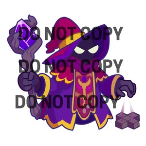 May include: A cartoon illustration of a wizard in a purple robe and hat with gold trim. The wizard holds a staff with a large purple crystal and is accompanied by floating purple blocks. The wizard has glowing white eyes.