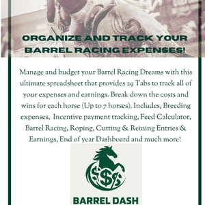 Op de afbeelding: Een promotieafbeelding voor een spreadsheet voor het bijhouden van barrel racing-uitgaven. De afbeelding toont een ruiter op een paard, met de tekst "ORGANIZE AND TRACK YOUR BARREL RACING EXPENSES!" en "BARREL DASH". De spreadsheet helpt bij het beheren van uitgaven.