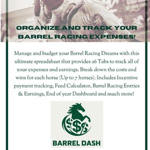 Op de afbeelding: Een promotieafbeelding voor een spreadsheet ontworpen voor het bijhouden van barrel racing-uitgaven. De afbeelding toont een ruiter op een paard, de tekst "ORGANIZE AND TRACK YOUR BARREL RACING EXPENSES!" en het "BARREL DASH"-logo.