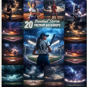 Puede incluir: 20 fondos digitales de campo de béisbol con rayos y cielos tormentosos. Los fondos son ideales para usar en software de edición de fotos.