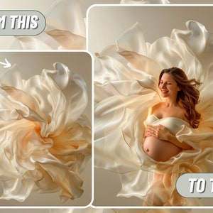 May include: A pregnant woman wearing a white, flowing fabric draped around her. The fabric is billowing and creating a soft, ethereal look. The woman is smiling and holding her belly.