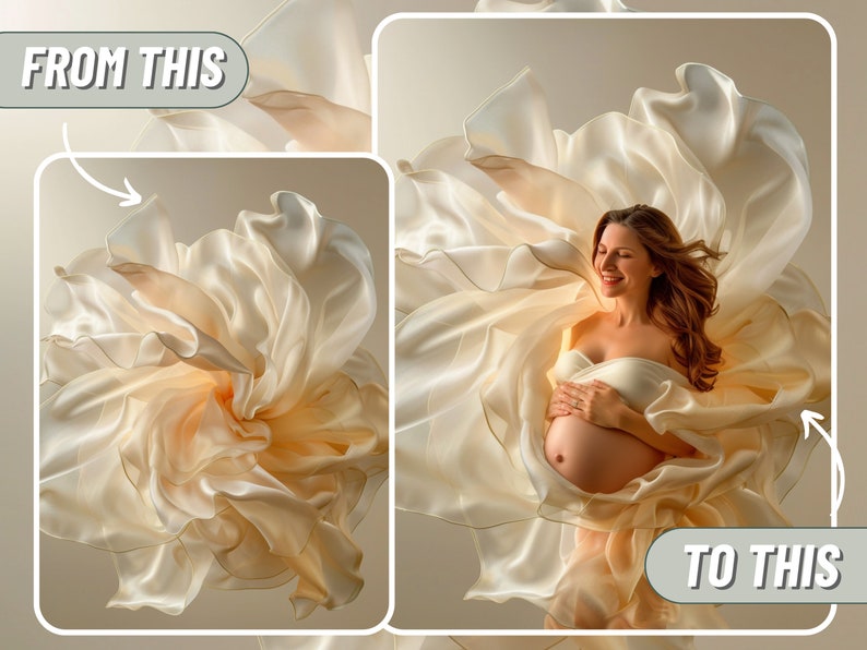 May include: A pregnant woman wearing a white, flowing fabric draped around her. The fabric is billowing and creating a soft, ethereal look. The woman is smiling and holding her belly.