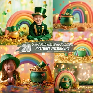 May include: A collection of Saint Patrick's Day backdrops. The images showcase rainbows, pots of gold, leprechaun hats, and children in green attire. The text reads "20 Premium Backdrops". Gold confetti creates a celebratory atmosphere.
