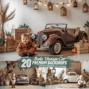 Könnte beinhalten: Ein Set mit 20 digitalen Hintergründen, die ein Vintage-Auto in einer Boho-Umgebung zeigen. Die Hintergründe sind perfekt für Fotografen und Bastler, die einzigartige und stilvolle Fotos erstellen möchten. Die Hintergründe enthalten eine Vielzahl von Requisiten, darunter ein Vintage-Auto, Holzkisten und Lichterketten.