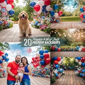 4th of July Digital Background Red White Blue Balloons Backdrop Patriotic Studio Backdrop Vintage Americana USA American Flag Overlay Bokeh
