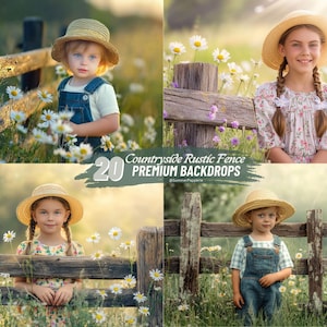 Peut inclure: Quatre enfants portant des chapeaux de paille posent devant une clôture en bois rustique avec des fleurs sauvages au premier plan. La clôture est en bois vieilli avec un charme rustique. Les enfants sourient tous et regardent la caméra. L'image est un fond numérique pour les photographes.