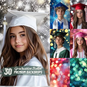 May include: A set of 30 graduation bokeh backgrounds for photographers. The backgrounds feature a variety of colors and bokeh effects, including blue, red, green, and pink. The text "Graduation Bokeh Premium Backdrops" is visible in the image.