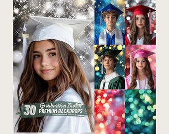 May include: A set of 30 graduation bokeh backgrounds for photographers. The backgrounds feature a variety of colors and bokeh effects, including blue, red, green, and pink. The text "Graduation Bokeh Premium Backdrops" is visible in the image.