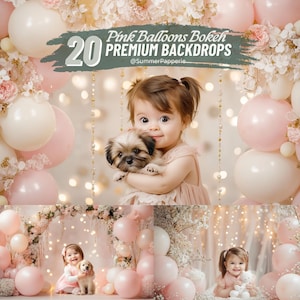 Pink Balloons Cake Smash Backdrop | 1st Birthday Digital Background | Kid’s Milestone Baby Girl Photography Prop for Party & Celebration