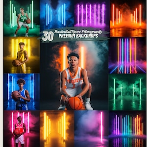 Basketball Digital Backdrops for Sports Photography | Neon Basketball Backgrounds for Banners, School Sports, Senior Portraits, Photo Shoots