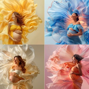 May include: Four pregnant women in flowing fabric, each wearing a different coloured dress. The women are smiling and holding their bellies. The fabric is flowing around them, creating a sense of movement and joy.