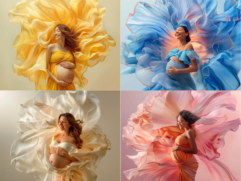 May include: Four pregnant women in flowing fabric, each wearing a different coloured dress. The women are smiling and holding their bellies. The fabric is flowing around them, creating a sense of movement and joy.