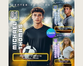Puede incluir: Tres jugadores de fútbol con uniforme con sus nombres y números en sus camisetas. Los jugadores están de pie frente a un fondo azul oscuro con rayos amarillos y un brillo amarillo. El texto "CENTER-FORWARD", "CENTER BACK" y "MIDFIELDER" está en la parte superior de la tarjeta de cada jugador. El texto "MAZON PATRIOTS SOCCER | 2025", "HORIZON HEIGHTS SOCCER | 2028" y "NOUR FRONTIER SOCCER | 2028" está en la parte inferior de la tarjeta de cada jugador.