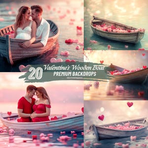 May include: A set of 20 digital backdrops featuring a wooden boat floating on water with pink flowers and hearts. The backdrops are perfect for Valentine's Day photography.