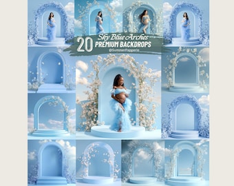 May include: 20 digital backdrops featuring sky blue arches with white floral accents. The arches are set against a blue sky with white clouds. The backdrops are ideal for photographers and graphic designers.