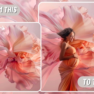 May include: A pregnant woman wearing a peach-coloured dress stands in front of a large, flowing pink flower. The flower is made of fabric and has a soft, delicate texture.