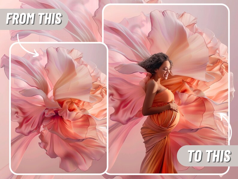 May include: A pregnant woman wearing a peach-coloured dress stands in front of a large, flowing pink flower. The flower is made of fabric and has a soft, delicate texture.
