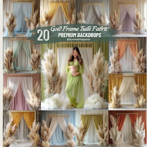 Gold Frame Tulle Fabric Boho Digital Backdrop | Elegant Pregnancy Portrait Photography Prop | Luxe Boho Chic Photo Background for Maternity