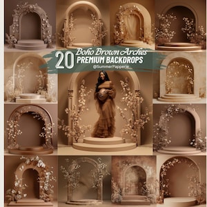 May include: 20 Boho Brown Arches Premium Backdrops by SummerPaperie. A collection of digital backdrops featuring arches decorated with dried flowers and foliage, perfect for product photography or creating a whimsical aesthetic.