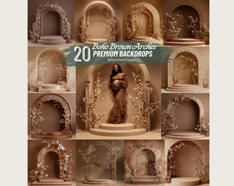 May include: 20 Boho Brown Arches Premium Backdrops by SummerPaperie. A collection of digital backdrops featuring arches decorated with dried flowers and foliage, ideal for product photography or creating a whimsical aesthetic.