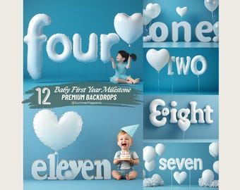 Baby&#39;s First Year Monthly Milestone Photography Backdrop Digital 1st Birthday Background Baby Girl Boy Blue Themed Cake Smash Photo Prop