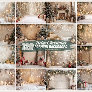 May include: A collection of 120 premium beige Christmas backdrops. The images feature festive scenes with Christmas trees, gifts, and decorative elements. Soft lighting and bokeh effects create a warm, inviting atmosphere, perfect for holiday photography.