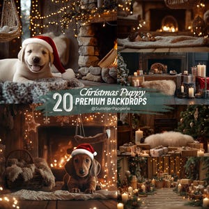 Christmas Puppy Studio Digital Background Holiday Portrait Backdrop with Festive Children Composite Photography Overlay for Photoshop