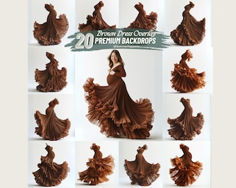 Puede incluir: 20 superposiciones de vestidos marrones para fondos de fotografía. Las superposiciones están hechas de una tela suave y fluida con un diseño de volantes. Las superposiciones se muestran en varias poses, incluida una mujer que lleva una de las superposiciones.