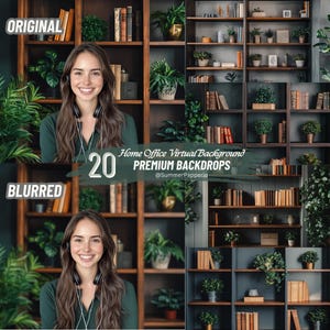 May include: A woman stands in front of a bookshelf filled with books and plants. The bookshelf is dark brown wood with multiple shelves. The text "Home Office Virtual Background 20 PREMIUM BACKDROPS @SummerPaperie" is visible on the image.