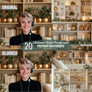 Könnte beinhalten: Ein Set mit 20 virtuellen Weihnachtshintergründen, die ein Bücherregal mit Ornamenten, Lichtern und Grün zeigen. Der Text "Christmas Virtual Background PREMIUM BACKDROPS" ist auf dem Bild zu sehen.