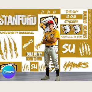 May include: A baseball player in a yellow and white uniform with the text "Stanford" and "University Baseball". The background features the text "The sky is our stadium!" and "Hawks". The image has a gold and white color scheme.