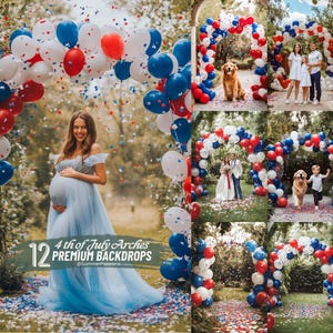 4th of July Digital Background Red White Blue Balloons Backdrop Patriotic Backdrop Red Balloon Arch Backdrop Overlay Bokeh Independence Day