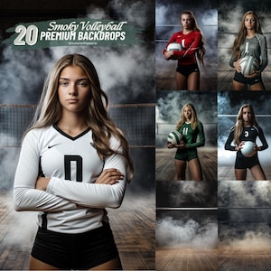 Peut inclure: 20 Toiles de fond premium de volley-ball fumées. Un collage d'images mettant en scène des joueuses de volley-ball dans différentes poses sur des fonds fumés. Les toiles de fond présentent un filet de volley-ball et un sol en bois.