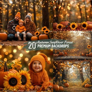 May include: A composite image featuring autumn-themed backdrops. The scenes include families, pumpkins, sunflowers, and forest settings with warm lighting. Text reads "Autumn Sunflower Forest 20 Premium Backdrops."