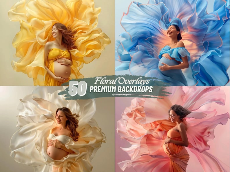 May include: Four pregnant women pose in flowing fabric backdrops. Each backdrop is a different colour: yellow, blue, white, and pink. The women are wearing different dresses and are holding their bellies.