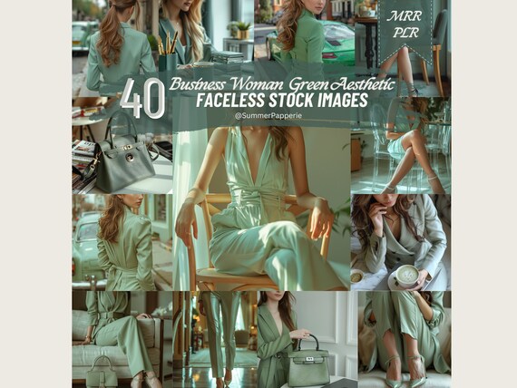 Luxury Business Woman Green Aesthetic Faceless Stock Photos MRR PLR Girl Boss Marketing Images, Faceless Female Entrepreneur Stock Images