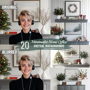 May include: A woman wearing headphones smiles in front of a display of 20 minimalist home office virtual backgrounds. The backgrounds include framed art, Christmas trees, and floral arrangements. The text "Original" and "Blurred" are visible.