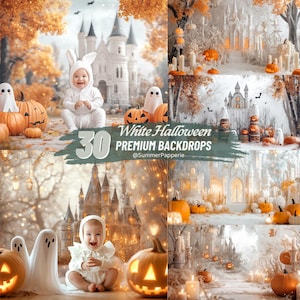 May include: A set of 30 white Halloween backdrop images featuring a white castle, pumpkins, and ghosts. The images are perfect for photographers and crafters.