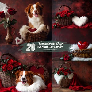 May include: 20 Valentine's Day dog backdrop digital downloads. The backdrops feature a red and brown background with a basket of red roses, a white fur rug, and a heart-shaped prop. The backdrops are perfect for pet photographers and pet owners who want to create beautiful Valentine's Day photos of their dogs.