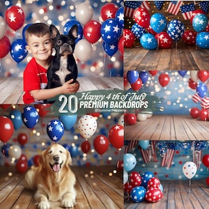 4th of July Digital Background Vintage Americana Patriotic Studio Backdrop Red White Blue Balloons Backdrop USA American Flag Overlay Bokeh